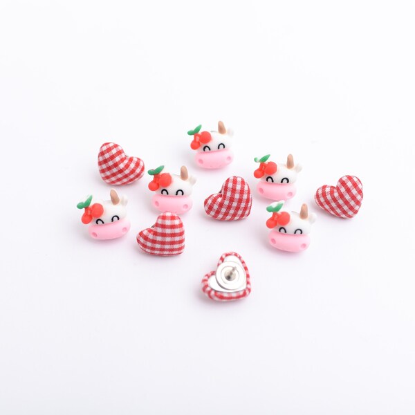 Country Cow Push Pins, Set of 10 Red White Gingham Fabric Button Hearts and Resin Cherry Cows, Farmhouse Home Decor