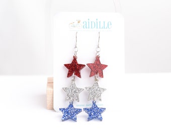 4th of July Glitter Star Dangle Earrings: Titanium Ear Wires