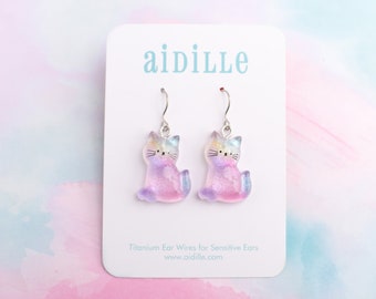 Shimmer Pastel Rainbow Cat Dangles with Titanium Studs for Sensitive Ears