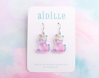 Shimmer Pastel Rainbow Cat Dangles with Titanium Ear Wires for Sensitive Ears
