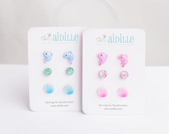 Beach Earring Trio: Titanium Dolphin, Shell, Druzy Studs