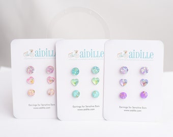 Dainty Sparkly Earring Multi Pack Trio, Titanium Studs for Sensitive Ears, Green Pink WHITE or Purple Druzy Little Kids First Earring Posts