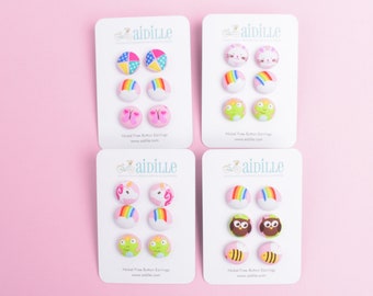Girls Fabric Button Earring Trio: Animal & Rainbow Prints, Studs or Clip Ons