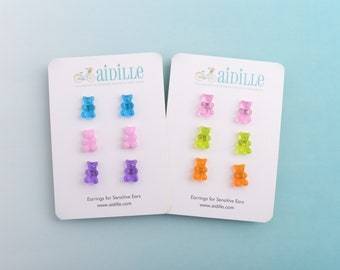 Mini Gummy Bear Earring Trio, Little Candy Bear Girls Titanium Posts for Sensitive Ears, Birthday Party Favor