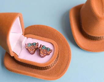 Highland Cow Earrings with Titanium Posts with Velvet Mini Cowboy Hat Gift Box