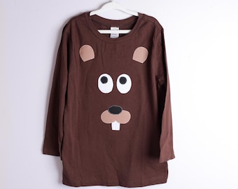 Size 5T Boys Applique Beaver Long Sleeve Brown Shirt