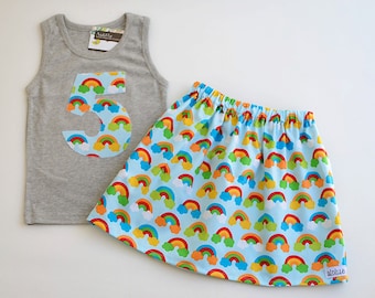 Girls Rainbow 5th Birthday Outfit with Applique Tank Top and Skirt