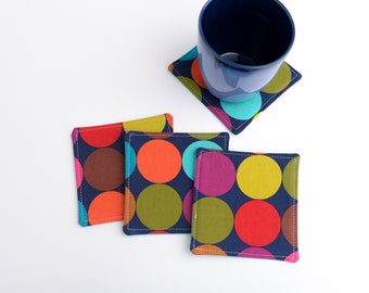 Set of 4 Bold Mod Large Dot Fabric Coasters with Aqua Blue Reverse