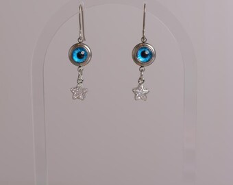Blue Eyeball Dangle Earrings: Silver Star, Titanium Wires, Halloween Jewelry