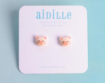 Cartoon Kitty Cat Earrings with Titanium Posts for Sensitive Ears