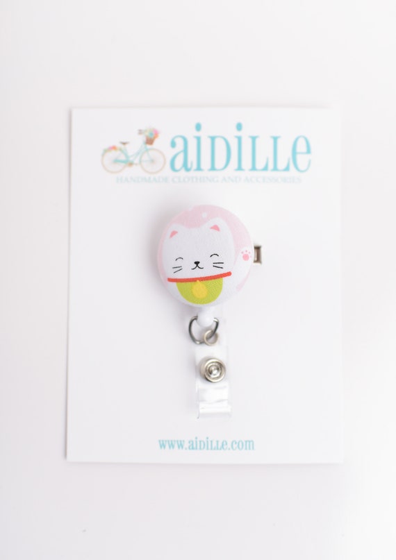 White or Pink Japanese Cat Button Badge Reel / Retractable Badge ID Holder  / Fabric Button Swivel Alligator Clip / Kawaii Cat Name Holder -  Canada