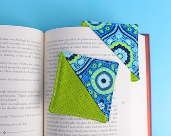 Aqua Green Medallion Fabric Corner Bookmark: Amy Butler Lark Cotton
