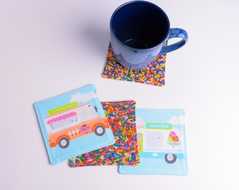 Ice Cream Truck & Sprinkles Fabric Coasters: Summer Drink Coaster Set