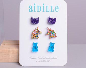 Novelty Earring Trio: Glitter Cat, Confetti Unicorn, Gummy Bear, Titanium Studs