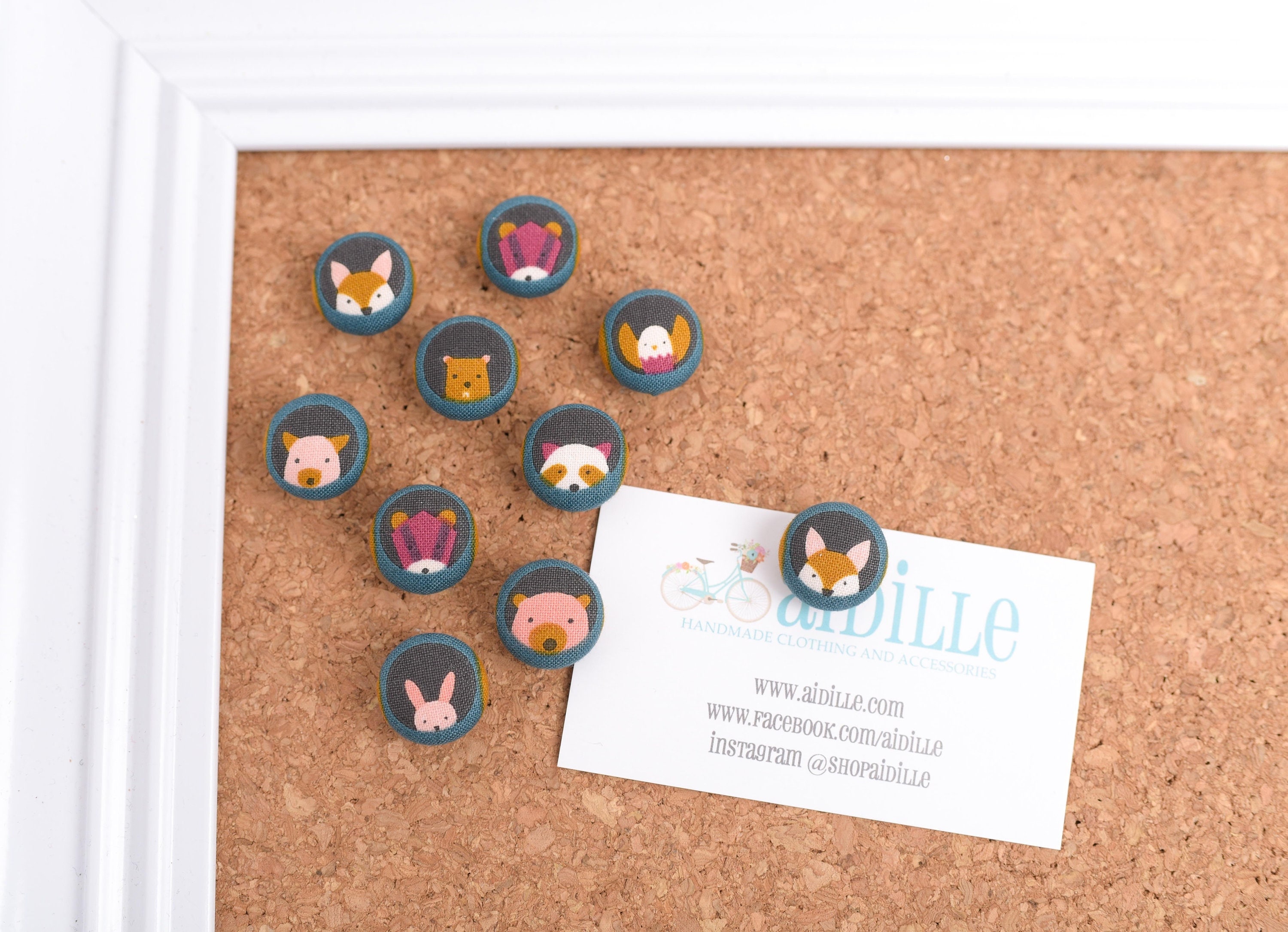 Woodland Fabric Button Thumb Tack Set of 10, Assorted Animal Push Pins ...