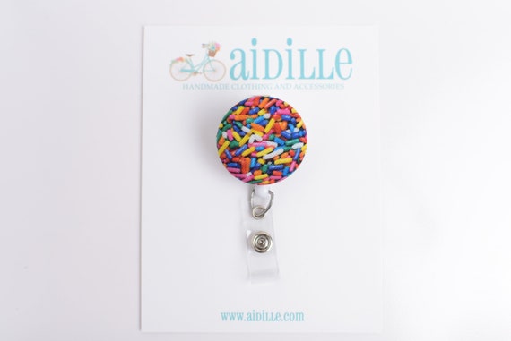 Rainbow Sprinkles Badge Reel / Retractable ID Holder / Food Fabric