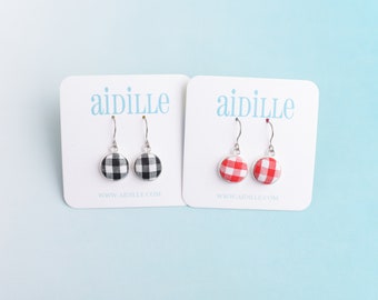 Gingham Fabric Button Drop Earrings, Choose Red or Black, Fall Country Titanium Ear Wires for Sensitive Ears