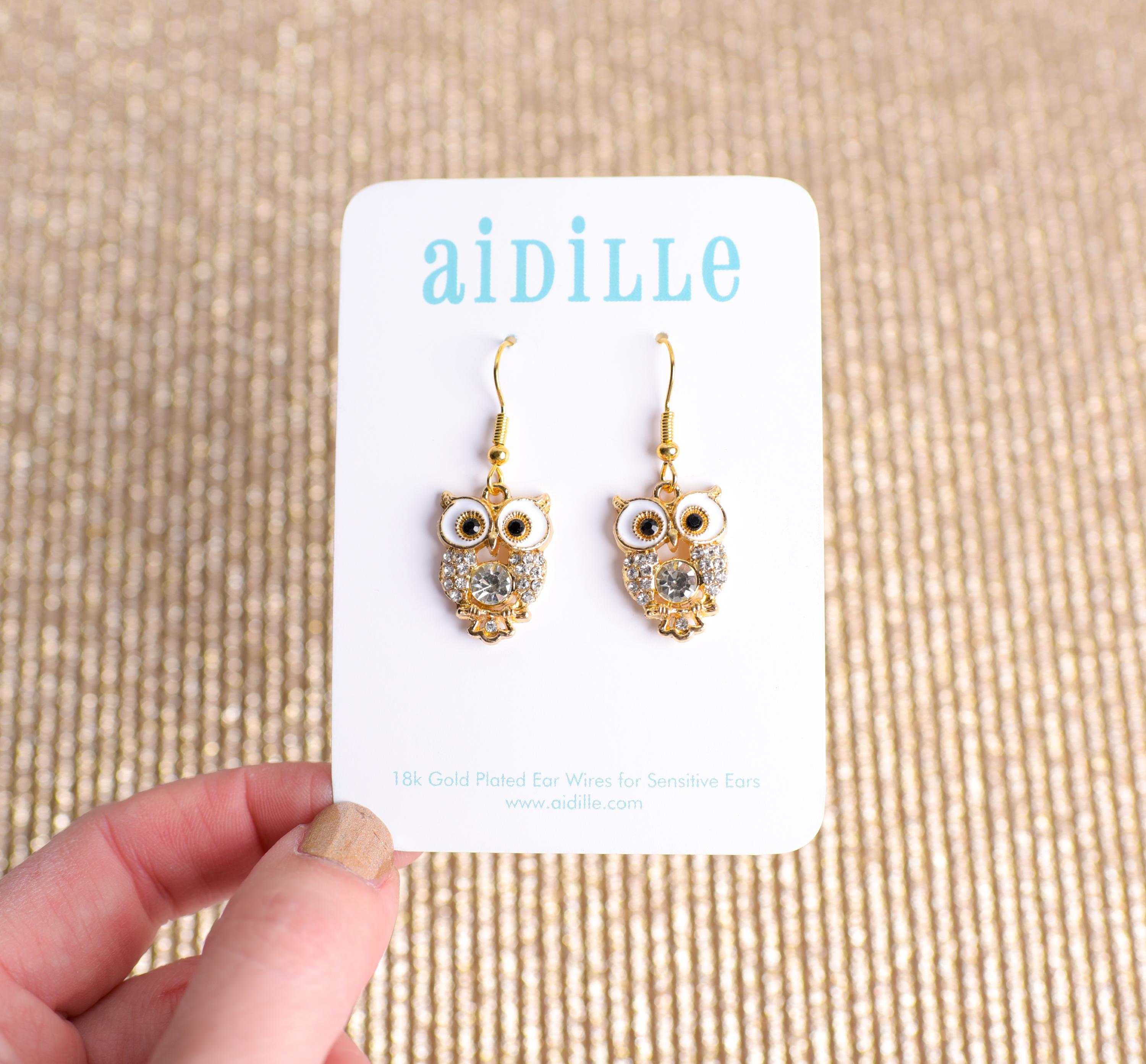 Owl Sparkly Dangle Earrings with 18K Gold Plated Ear Wires