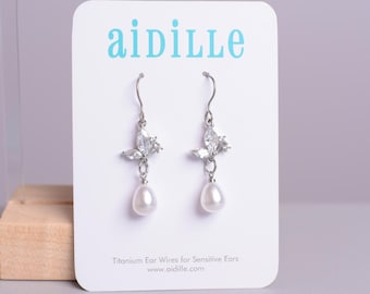 Butterfly Pearl Dangle Earrings: Hypoallergenic Titanium Ear Wires