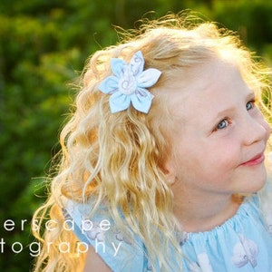 One Handmade Fabric Flower Hair Bow, Ribbon Lined Alligator Clip, Button Center image 10