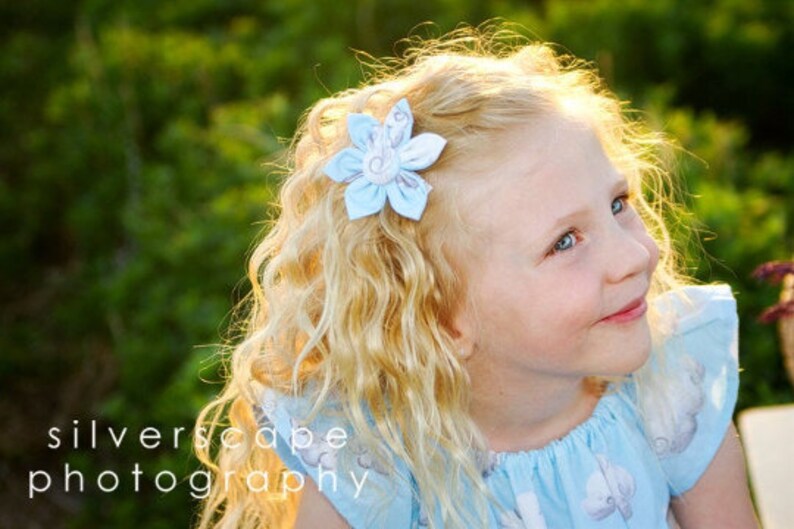 One Handmade Fabric Flower Hair Bow, Ribbon Lined Alligator Clip, Button Center image 10