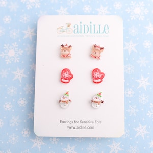 Cute Winter Earring Set, Resin Reindeer, Snowman, Mitten Posts, Hypoallergenic Titanium Studs for Sensitive Ears, Girls Christmas Earrings