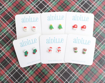 Resin Christmas Stud Earrings, Titanium Posts, Santa, Tree, Reindeer