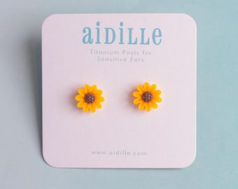 Little Resin Sunflower Earrings with Titanium  Posts for Sensitive Ears