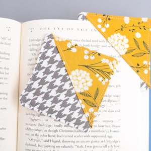 ONE Mustard and Gray Fabric Corner Bookmark, Dandelion Floral and Houndstooth Cloth Bookmark, Bookworm Reader Womens Gift