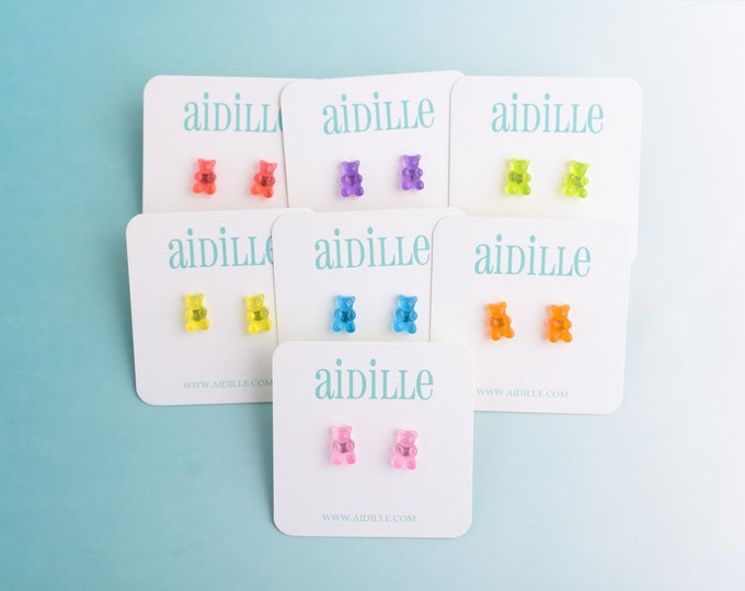 Little Gummy Bear Earrings, Choose Color Mini Candy Bear Girls Titanium Posts for Sensitive Ears, Kids Birthday Party Favor