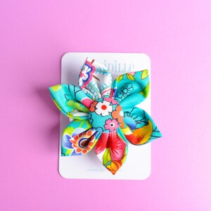 One Handmade Fabric Flower Hair Bow, Ribbon Lined Alligator Clip, Button Center Tropical
