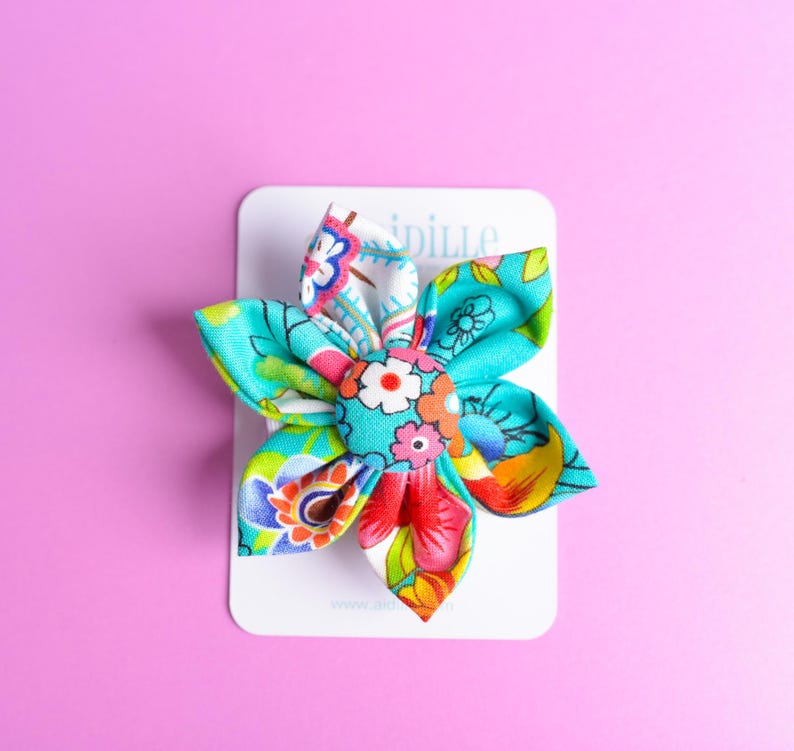 One Handmade Fabric Flower Hair Bow, Ribbon Lined Alligator Clip, Button Center Tropical