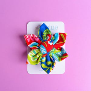 One Handmade Fabric Flower Hair Bow, Ribbon Lined Alligator Clip, Button Center Bandana