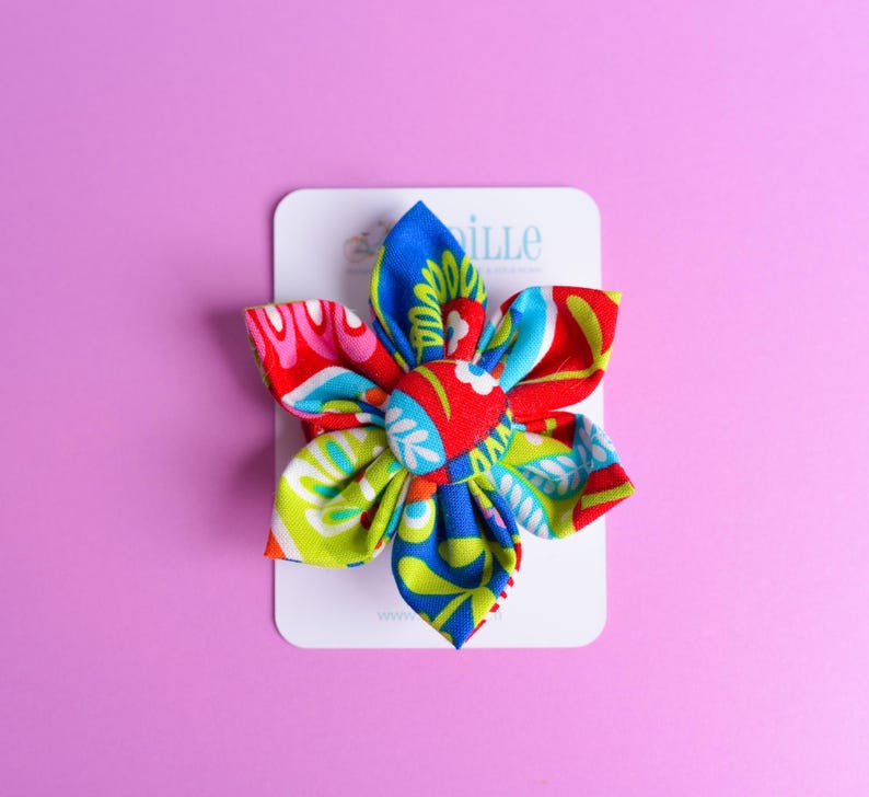 One Handmade Fabric Flower Hair Bow, Ribbon Lined Alligator Clip, Button Center Bandana