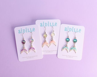 Shell and Mermaid Tail Dangle Earrings with Titanium Ear Wires- 3 Colors