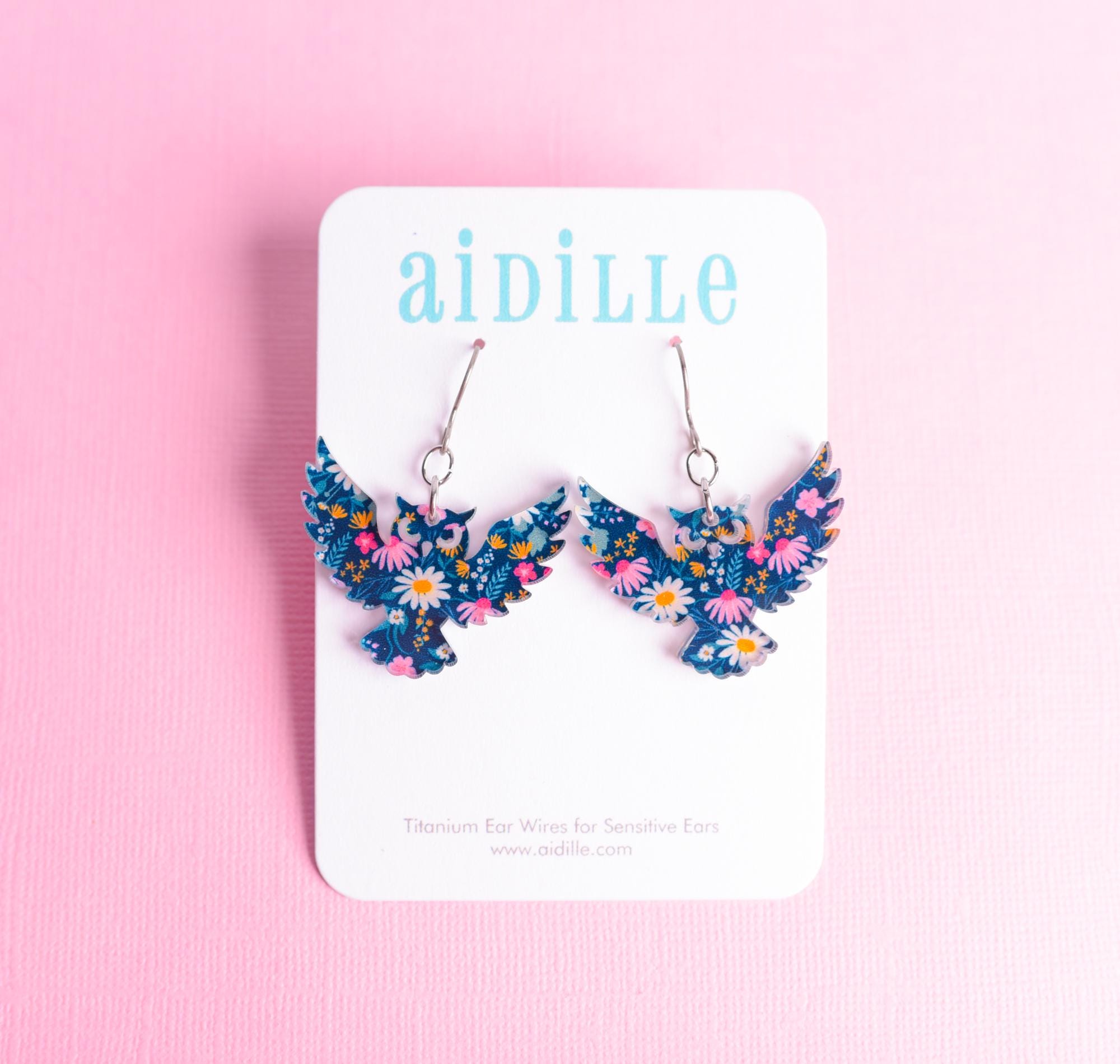 Floral Owl Acrylic Dangle Earrings with Titanium Ear Wires