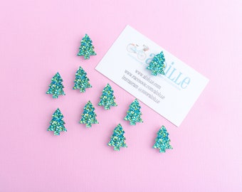 Sparkly Pine Tree Magnets, Set of 10 Resin Glitter Christmas Tree Refrigerator Magnets OR Push Pins, Fancy Holiday Decor