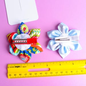 One Handmade Fabric Flower Hair Bow, Ribbon Lined Alligator Clip, Button Center image 9