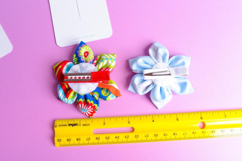 One Handmade Fabric Flower Hair Bow, Ribbon Lined Alligator Clip, Button Center image 9