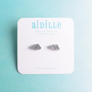 Silver Glitter Cloud Stud Earrings: Titanium Posts, Hypoallergenic