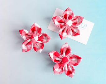 Set of 3 Handstitched Gingham Fabric Flower Refrigerator Magnets