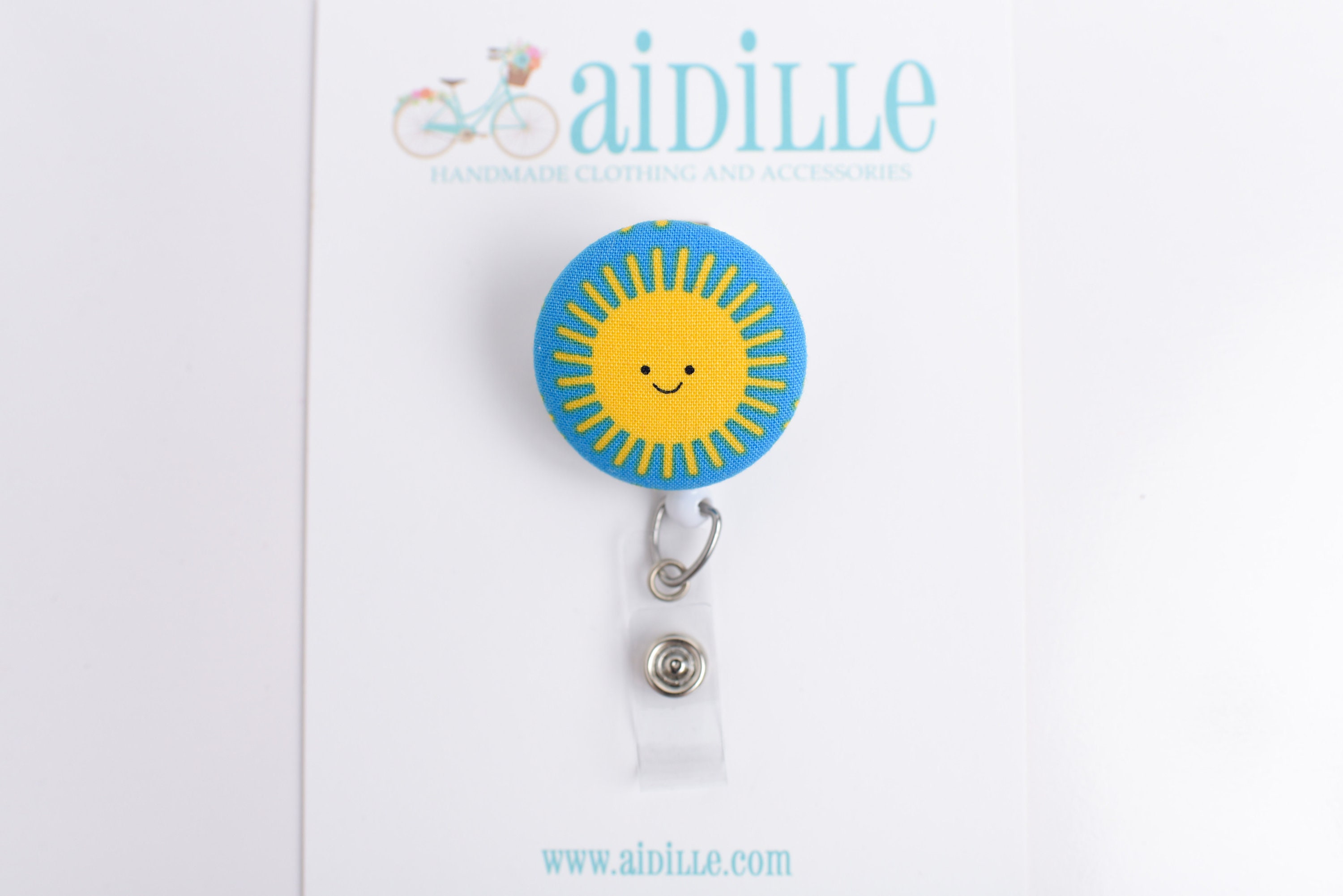 Happy Sun Button Badge Reel / Retractable Badge ID Holder / Fabric