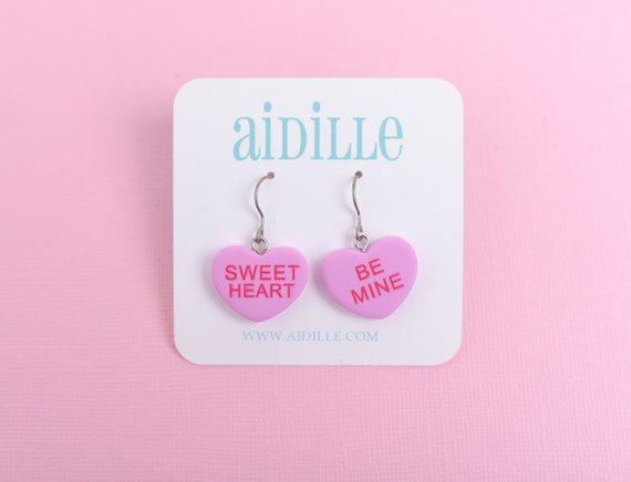 Candy Heart Earrings, Valentines Day Earrings, Conversation Heart