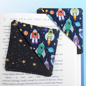 ONE Rocket Fabric Corner Bookmark, Space Ship Cloth Bookmark, Stars Planets Fabric Bookmark, Intergalactic Astronomy Boys Gift Idea