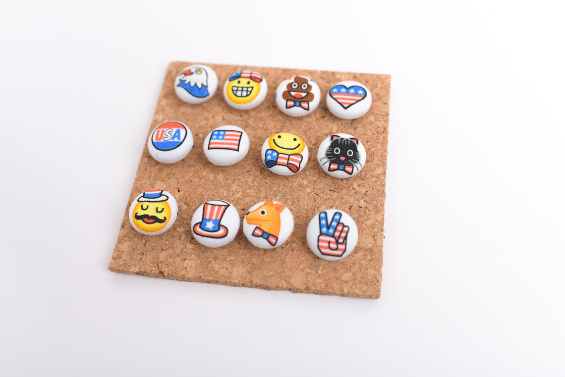 Patriotic Emoji Thumb Tack Set of 12 Americana Fabric Button Etsy