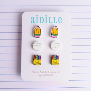 Back to School Earring Set: Pencil, Paper, Crayon - Titanium Posts
