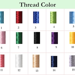 Peut inclure: Image pr&eacute;sentant un nuancier intitul&eacute; "Thread Color" avec 15 options de couleurs de fil. Les couleurs comprennent des nuances de bleu, rouge, vert, noir, violet, jaune, rose, blanc et beige. Chaque couleur est num&eacute;rot&eacute;e.