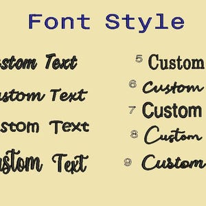 Peut inclure: Image pr&eacute;sentant neuf styles de police diff&eacute;rents. Le titre "Font Style" est en bleu. Chaque style de police est illustr&eacute; par le texte "Custom Text" en noir. Le fond est beige clair. Id&eacute;al pour la typographie.