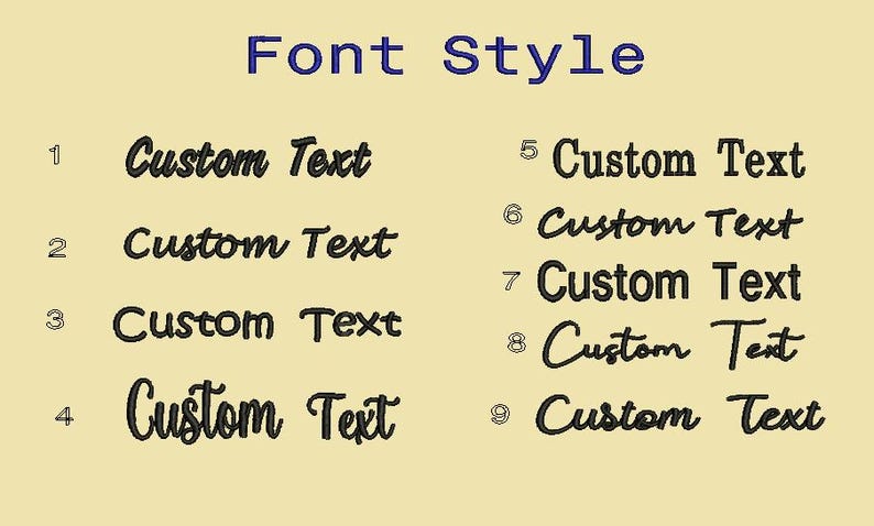 Peut inclure: Image pr&eacute;sentant neuf styles de police diff&eacute;rents. Le titre "Font Style" est en bleu. Chaque style de police est illustr&eacute; par le texte "Custom Text" en noir. Le fond est beige clair. Id&eacute;al pour la typographie.