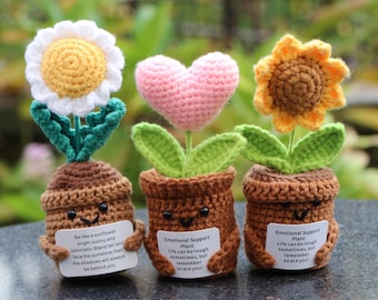 Emotional Support Plant Crochet Plush, Cute Amigurumi Flower Pot, Handmade Sunflower Daisy Heart Plushie, Stress Relief Gift, Desk Decor,